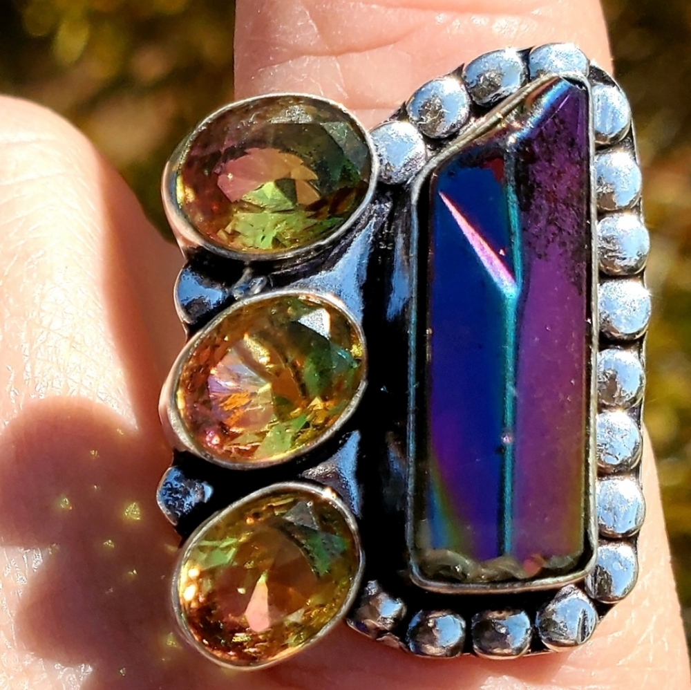 New Rainbow Hematite & Ametrine 925 Silver Ring.